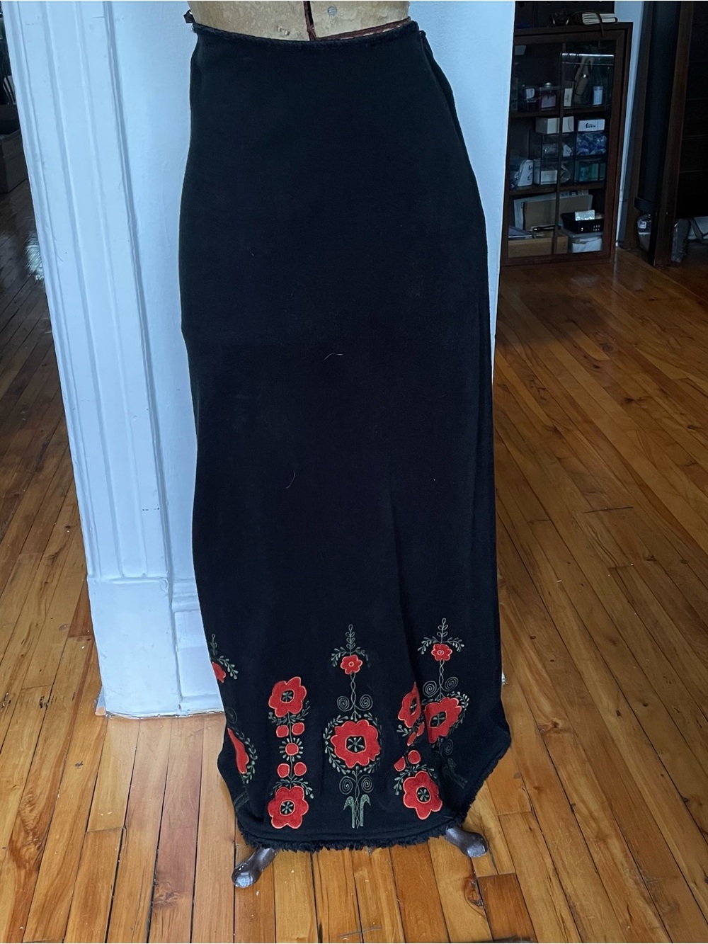 Vintage René Derhy Black Maxi Skirt with Red Floral Embroidery